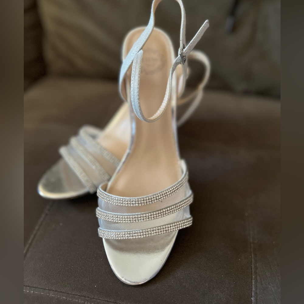Size 8.5 Silver mesh/strappy dress shoe with solid wedge heel. Worn once.